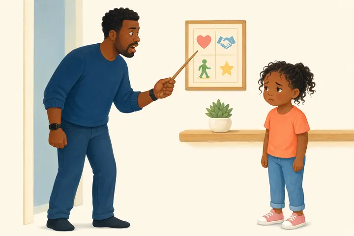 A parent scolding a child who stands with their head bowed.