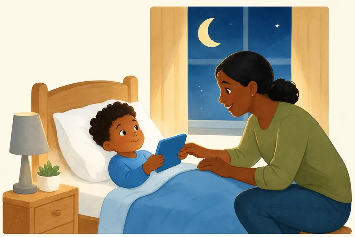 A parent sitting by a child’s bed at night, calmly discussing a tablet before sleep.