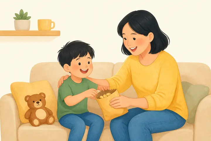 A parent on a sofa sharing a bag of snacks with a child.