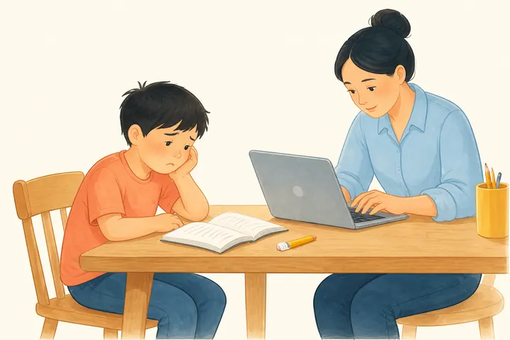 A child looking down at homework while a parent is absorbed in a laptop.