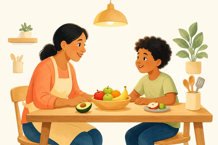 A parent and child sitting together at a kitchen table, smiling over a bowl of fruit.